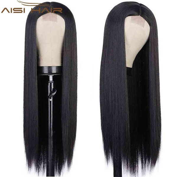 

hairpiece aisi hair long straight black wigs synthetic for women middle part heat resistant fiber natural looking 0121