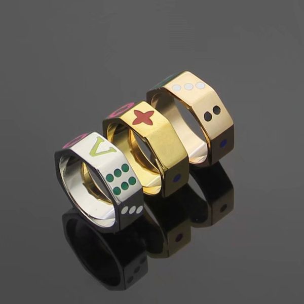 

europe america style men lady women titanium steel engraved initials enamel four leaf flower dice pattern lovers rings size us6-us9, Silver