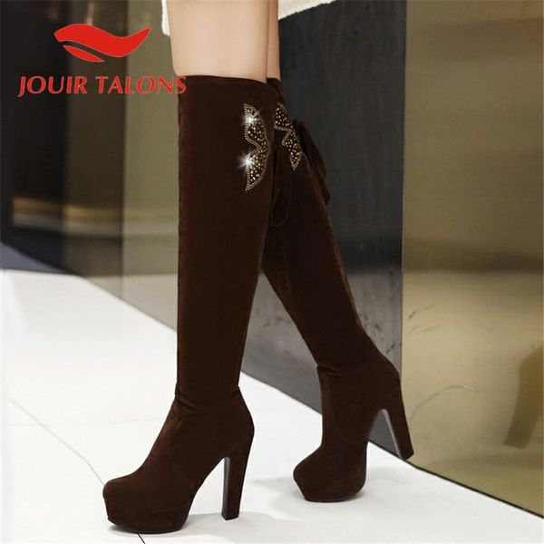 

jouir talons ladies fashion shoes crystal leisure spike heels flock lace-up autumn platform boots, Black