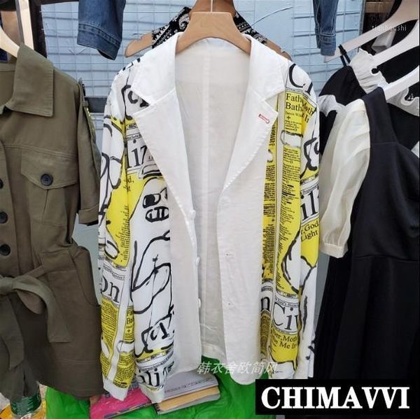 

cotton and linen suit coat women streetwear loose graffiti suit blazer lazy wind female loose double-side wear thin coat1, White;black
