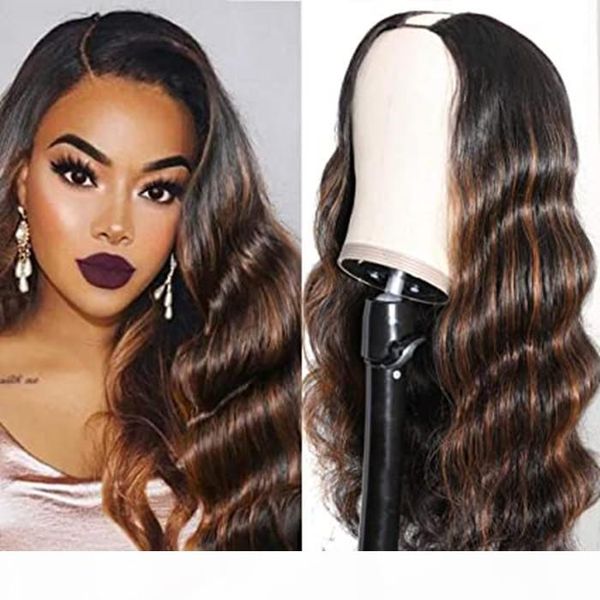 

t30 ombre colored u part wig body wave human hair wigs for women,brazilian human hair full head half wig 150% density, Black;brown