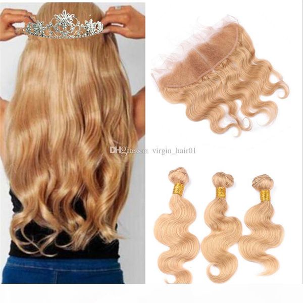 

brazilian honey blonde virgin hair 3 bundles with lace frontal closure #27 strawberry blonde body wave human hair weaves with 13*4 frontal, Black;brown