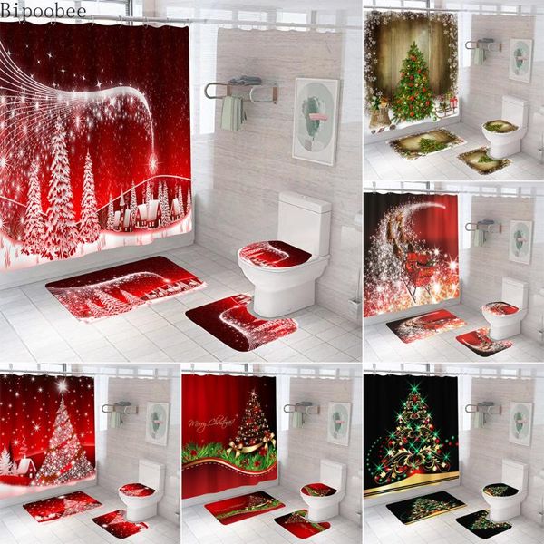 

bipoobee christmas tree bathroom set shower curtain waterproof santa claus anti-skid rugs toilet cover bath curtains with hooks