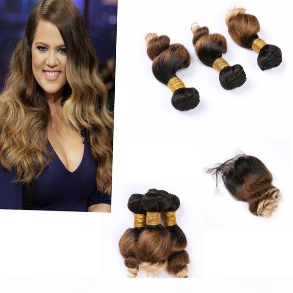

indian ombre loose wave bundles with closure dark root #1b #27 #613 ombre wavy hair bundles with closure 4" * 4, Black;brown