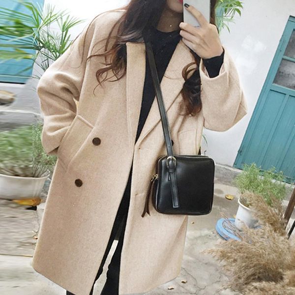 

new thin wool blend coat women long sleeve turn-down collar outwear jacket casual autumn winter overcoat korean style, Black