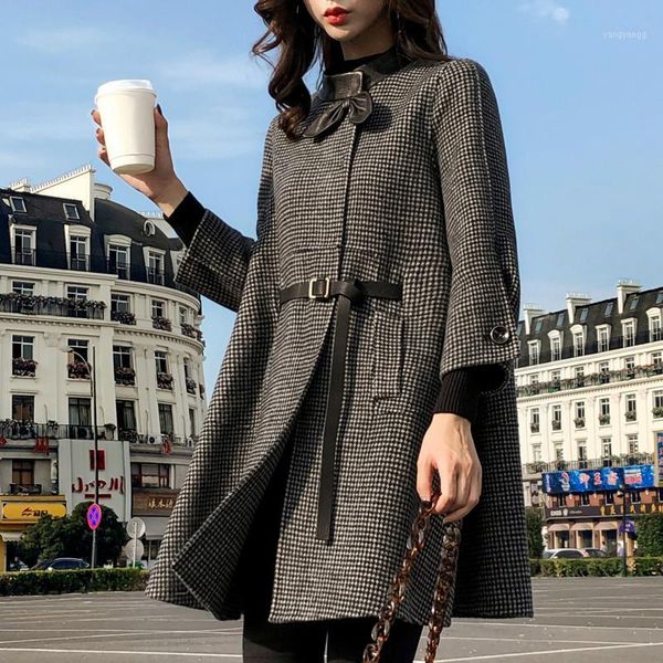 

2019 women plaid woolen coats new autumn winter casual woolen coats female thick warm overcoats with bow plus size 2xl1, Black