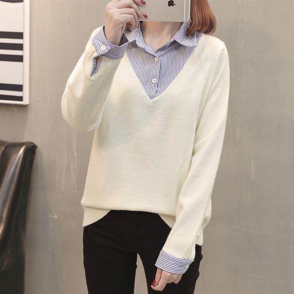 

bneuv spring 2019 new sleeve loose coat long pullover women's pullover women's sweater fake two piece bottoming shirt korean pullo, White;black