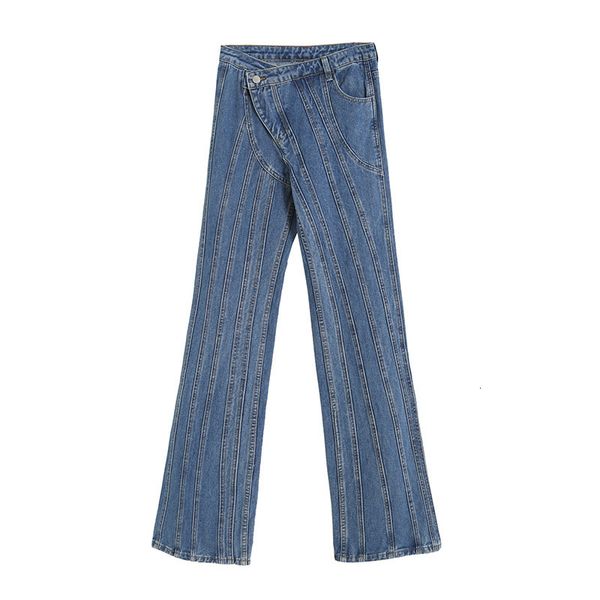 

2021 new 0411 korean spring high waist pleated micro pull women's oblique placket irregular jeans pants usxf, Blue