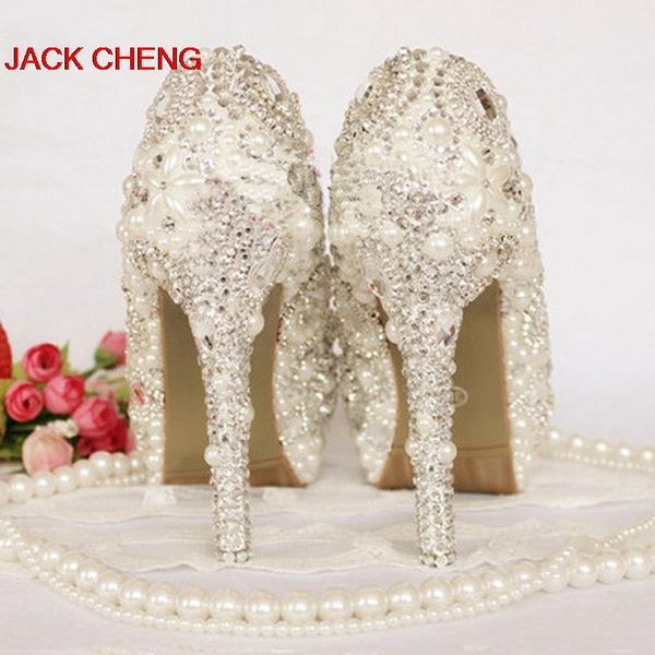 

dress shoes 2021 nicest ivory pearl wedding peep toe rhinestone bride crystal handmade women high heel platform party prom, Black