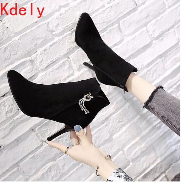 

boots winter ankle women shoes woman fashion high-heeled pointed short 2021 short-fur warm, Black