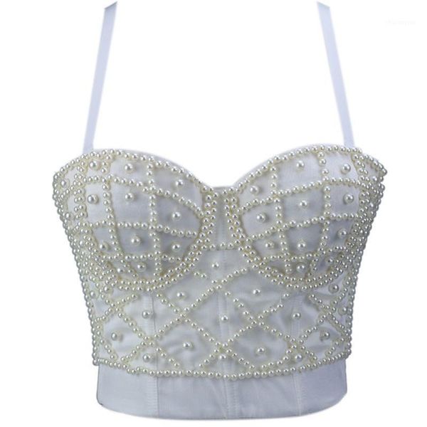 

women sleeveless crop pearl beaded bustier push up corset club bralette1, White
