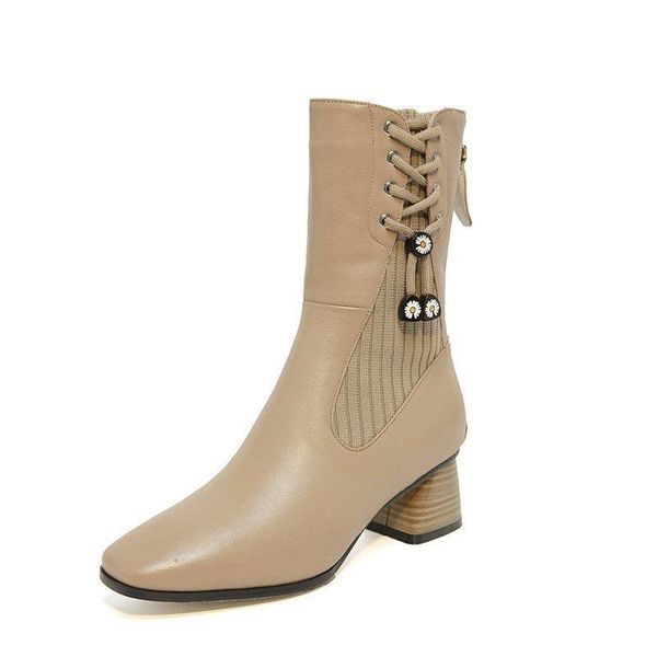 

boots 2021 winter mid-calf women soft leather retro brock style low heel square toe zipper beige shoes, Black