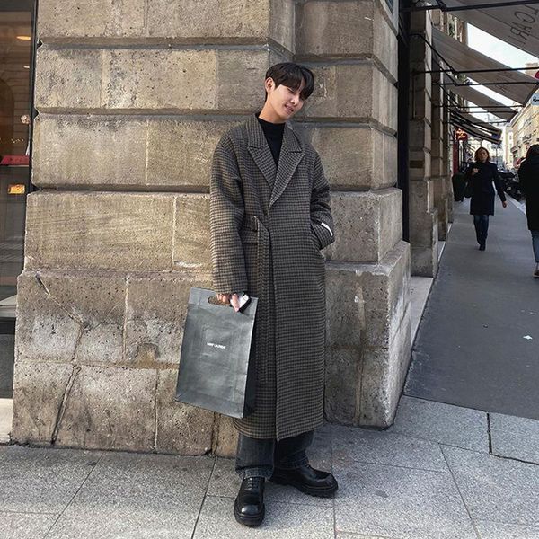 

korean style plaid coat men's fashion retro casual long woolen coat men streetwear loose oversize woolen jacket mens overcoat, Black