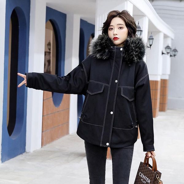 

winter black parka coat women with hat wool inner casual style elegant ladies fashion jacket