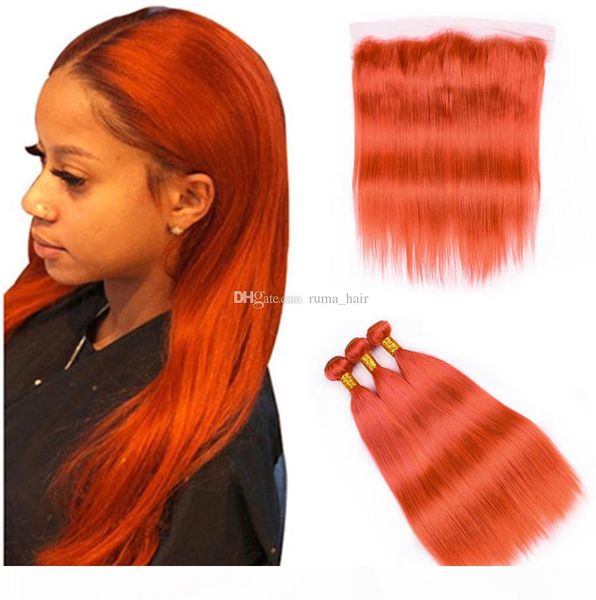 

virgin indian human hair weave orange colored 3bundles with full frontals 4pcs lot straight pure orange 13x4 lace frontal closure with weave, Black;brown