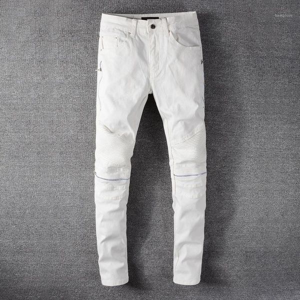 

fashion pleated zipper white jeans men slim fit motorcycle biker jeans pants men big size all match party dance trousers1, Blue