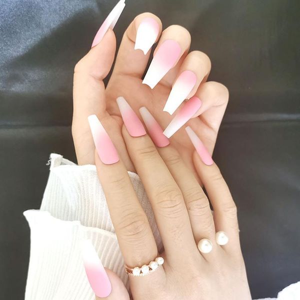 

24pcs gradient powderlong ballerina nails detachable false nail tips with glue press on nails art fake stickers, Red;gold