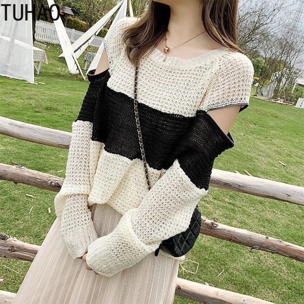 

tuhao large size knitted sweater women 2020 pullover sweater jumper stripe hollow out long sleeve sweaters pull femme wm211, White;black