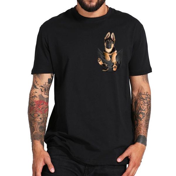 

german shepherd in pocket t shirt dogs lover funny tshirt 100% cotton crew neck eu size tee, White;black