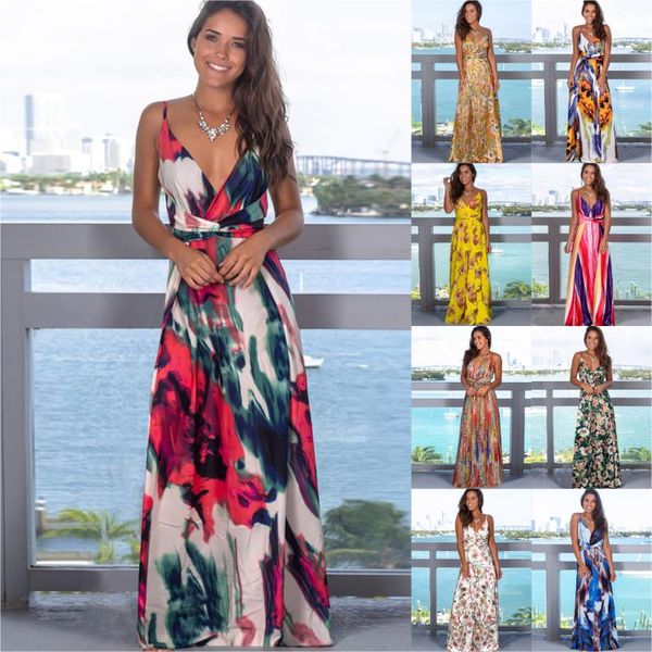 

2020 new women fashion strap dress printed dress beach floor-length dresses women, Black;gray