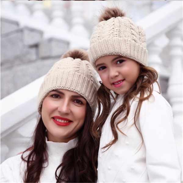 

2019 knitted wool pompom hat women girl winter beanie cap family matching outfit lady faux fur ball crochet knitting hats