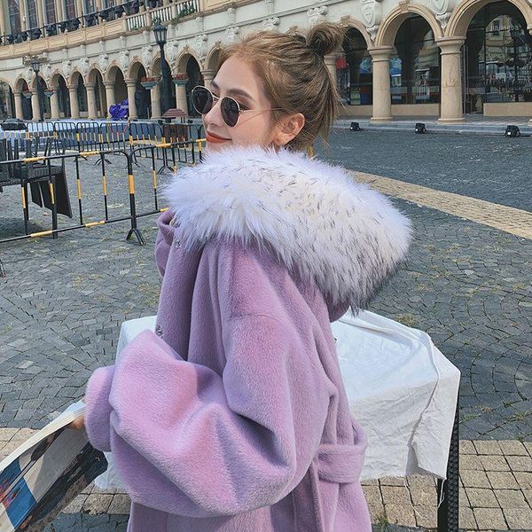 

junelove women winter fashion thick warm woolen coats vintage blends cashmere coat casual female faux fur collar hooded outwears1, Black