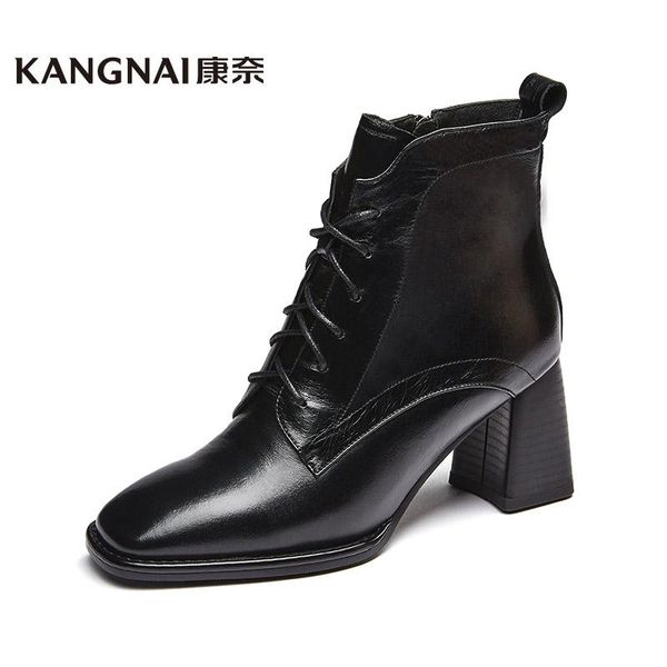 

boots kangnai women shoes ankle chunky platform leather winter black high heels zip lace-up fashion square toe lady