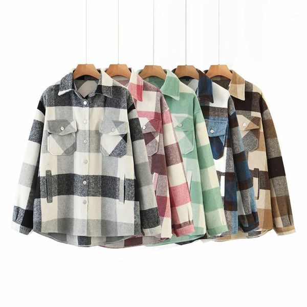 

streetwear women woolen thick shirts 2020 autumn fashion ladies plaid shirt female chic oversize casual girls blouses1, White