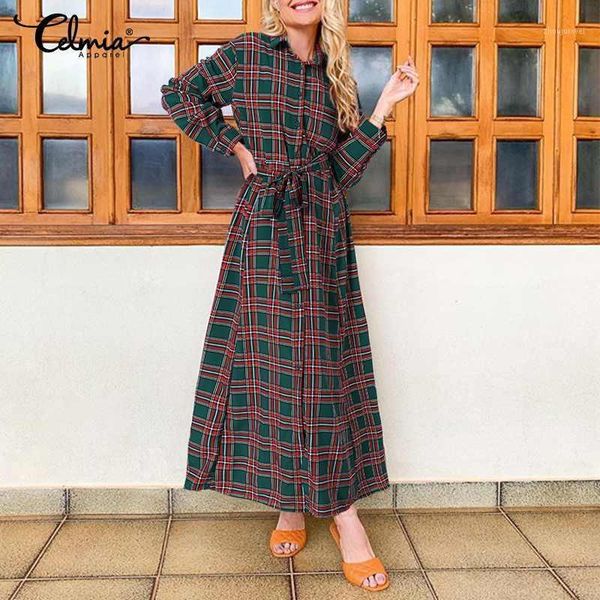 

women 2021 vintage plaid shirt dress celmia autumn long sleeve belted maxi dresses casual checked lapel vestidos plus size robe1, Black;gray