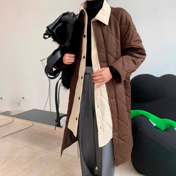 

ewq] 2021 winter new versatile version thickened parkas women loose long jackets argyle minimalist cotton padded clothes 8d3901, Black