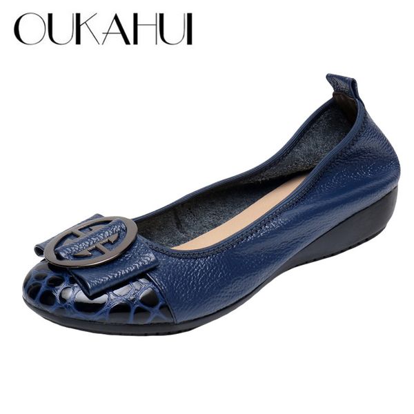 

oukahui special offer genuine leather ballet flat with women's slip-on soft metal decoration boat shoes women flats, Red;white