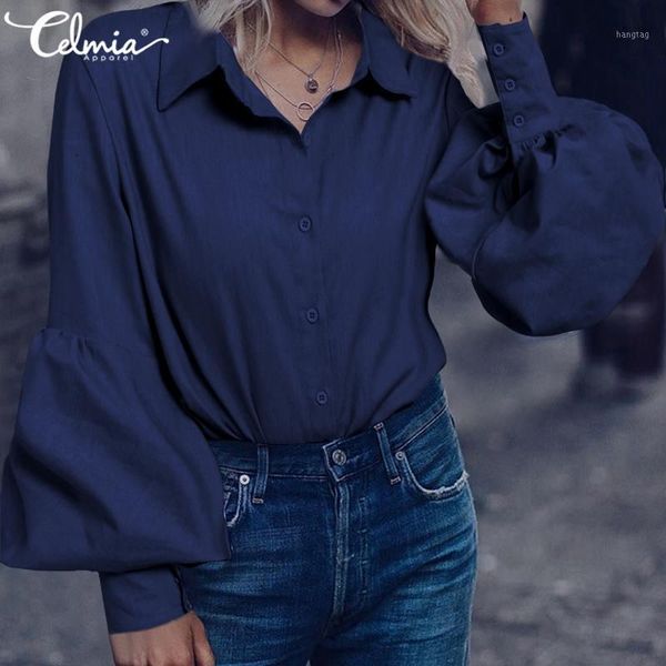 

fashion women long lantern sleeve elegant solid blouses 2020 autumn lapel casual shirts loose buttons office blusas 5xl1, White