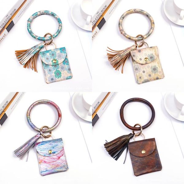 

leather bracelet key chain coin card package wallet pu wrist round tassel pendant wristbands keychain clutch purse accessories kimter-k281fa