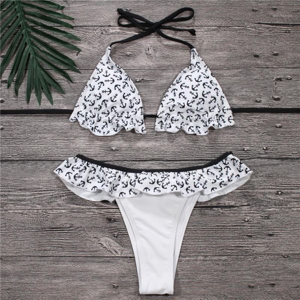 

2020 white anchor print ruffle biquini strappy string swim wear bathing suit thong swimsuit swimwear women brazilian bikini1