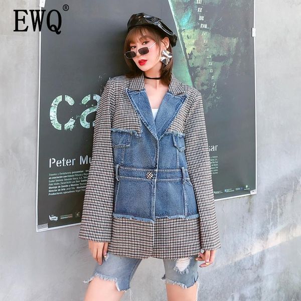

women's suits & blazers [ewq] 2021 spring autumn patchwork full sleeve lapel collar loose elegant wild slim high street fashion coat tx, White;black