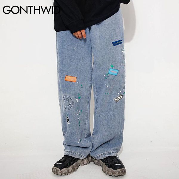 

gonthwid smiling face graffiti denim pants streetwear men hip hop casual harajuku fashion pockets loose jean pants trousers male, Blue