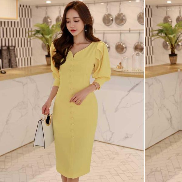 

2020 summer women puff sleeve bodycon sheath party dress elegant high waist pencil dresses casual work vestidos yellow1, Black;gray
