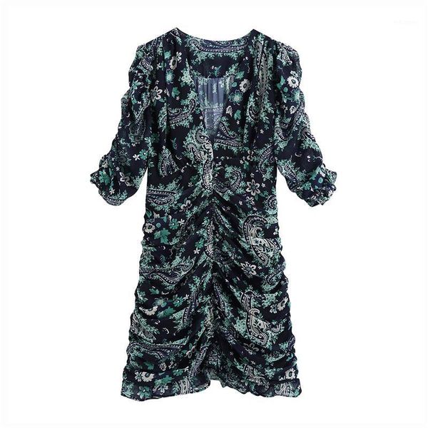 

vintage chic print ruffled draped mini dress women v neck short sleeve female dresses work wear offiice dress vestidos1, Black;gray