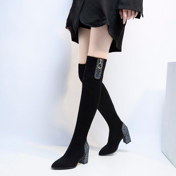 

black over the knee boots women shoes pointed toe thigh high heel boots winter shoes women suede long with high heels