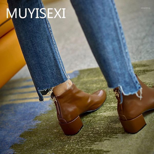

boots autumn for women shoes genuine leather 5cm high heel zipper winter round toe botte femme botas mujer anj01 muyisexi1, Black