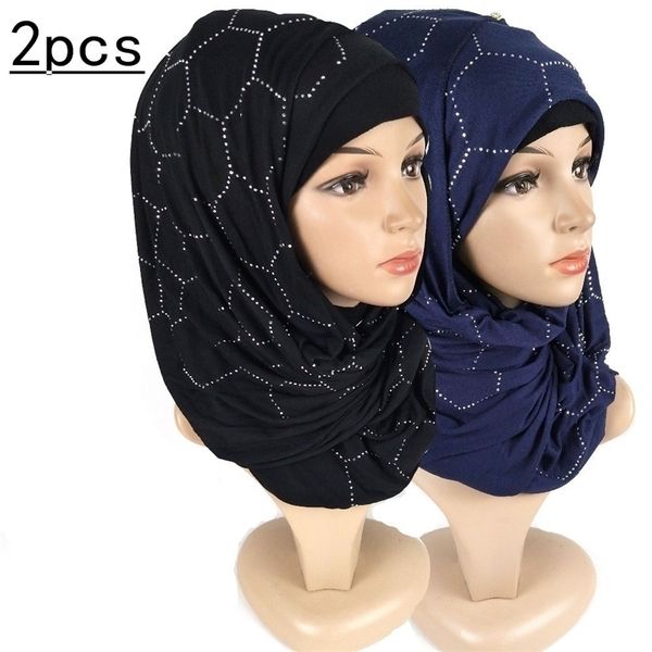 

h19 2pcs diamond cotton jersey hijab scarf shawl women solid elasticity headscarf muslim headband maxi scarves wraps y200110, Blue;gray