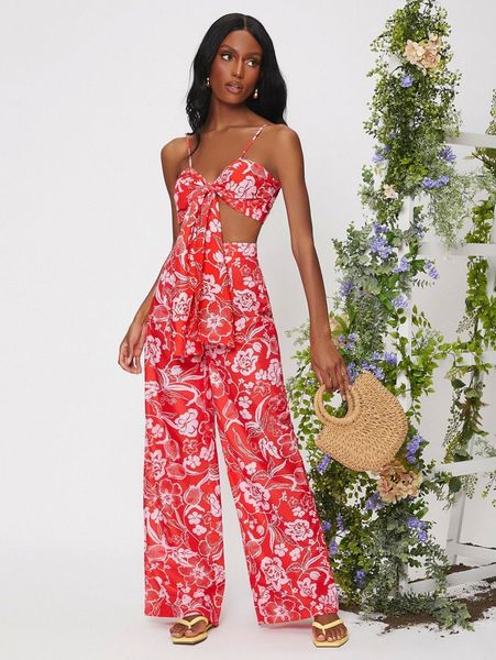 

floral print bow front crop cami & wide leg pants i1xx#, White