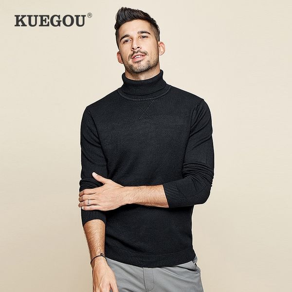 

kuegou brand clothing men's turtleneck knitting sweater solid color winter warm sweater men slim plus size 3xl xz-89002 201106, White;black