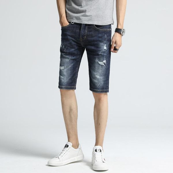 

fashion mens clothing summer stretch denim shorts hommes ripped knee length taper jeans pants slim young boys mid waist trousers1, Blue