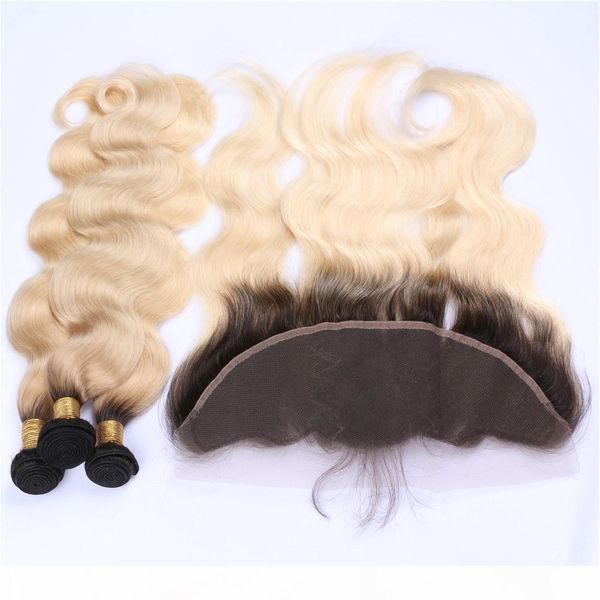 

two tone 1b 613 dark root blonde lace frontal closure 13x4 with 3bundles body wave ombre virgin brazilian human hair weaves with frontals, Black;brown
