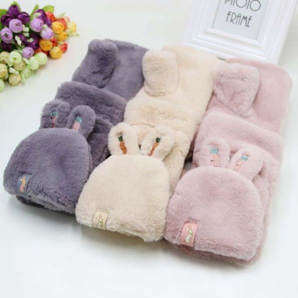 

hair winter women' gloves imitation rabbit cartoon radish rabbit plush flap student gloves, Blue;gray