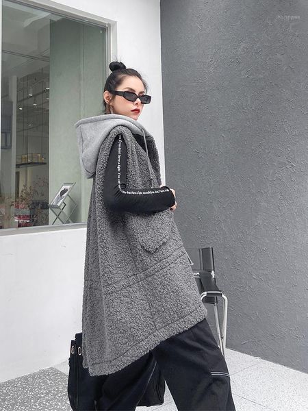 

casual lamb wool vest women 2021 winter new fur one autumn and winter long loose wild vest hooded lamb wool jacket female1, Black;white