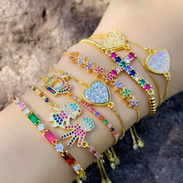 Braccialetto in oro 18 carati con zirconi arcobaleno e diamanti, cordino regolabile, bracciali con ciondoli a forma di cuore e corona, gioielli di moda da donna e regalo sabbioso