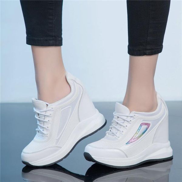 

2020 women lace up genuine leather high heel platform pumps shoes female breathable mesh round toe fashion sneakers casual shoes, Black