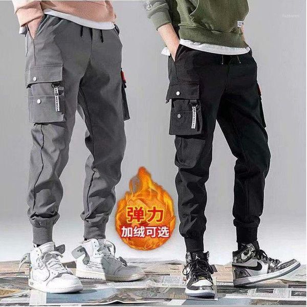 

2020 new cargo pants male plus velvet thien ankle-tied slim-fitting fashion brand in autumn and winter casual pants male korea1, Black
